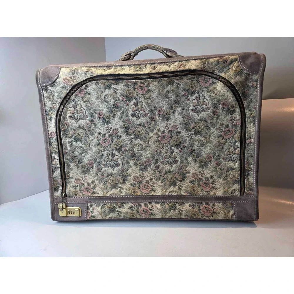 Vintage Suitcase French Luggage Co Gray Floral Rose Tapestry & Suede Leather 23